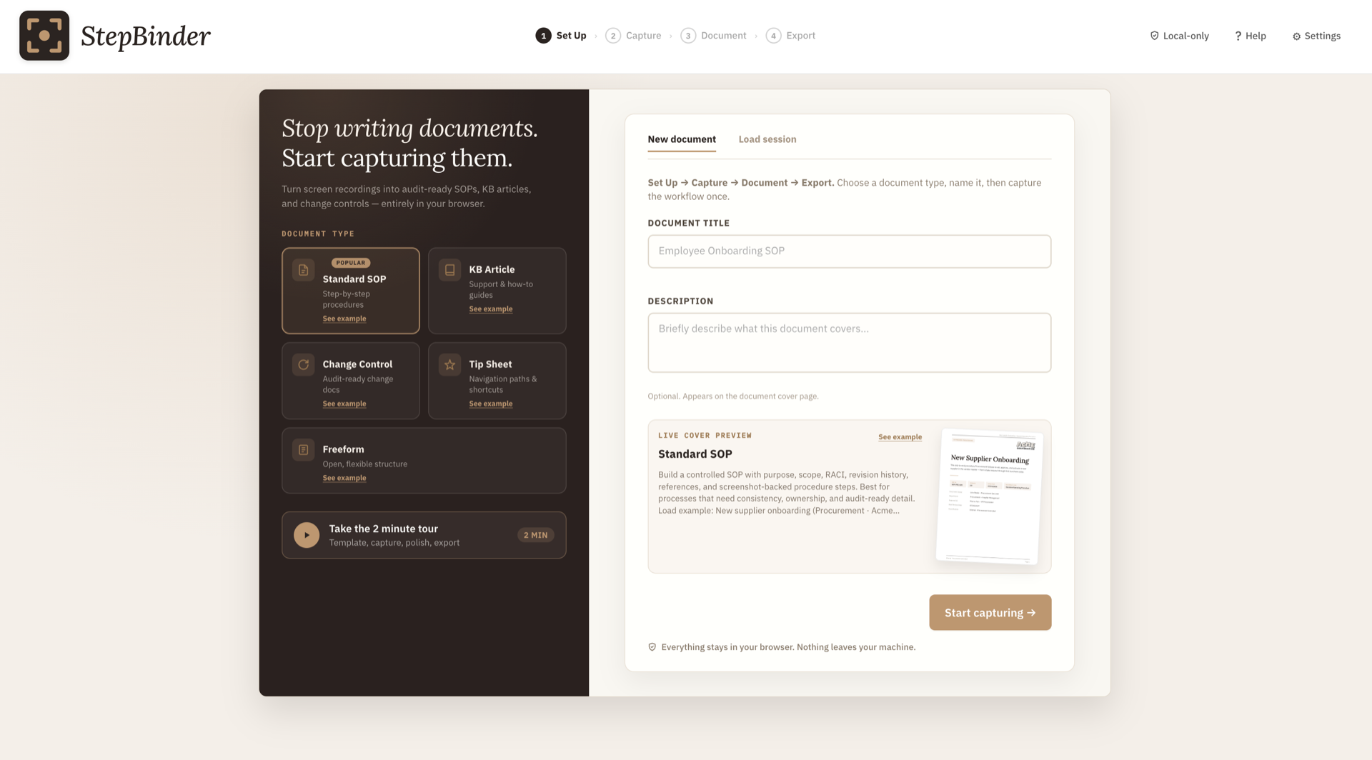 StepBinder welcome setup — choose a document type and start capturing