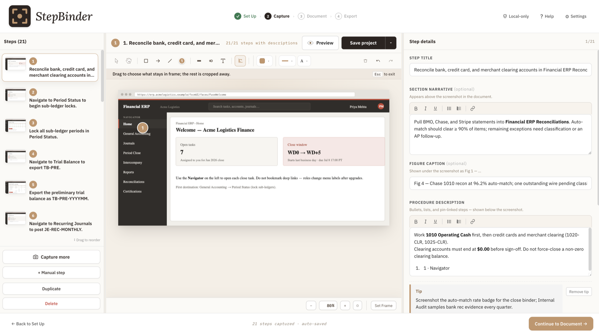 StepBinder editor with captured steps and annotations