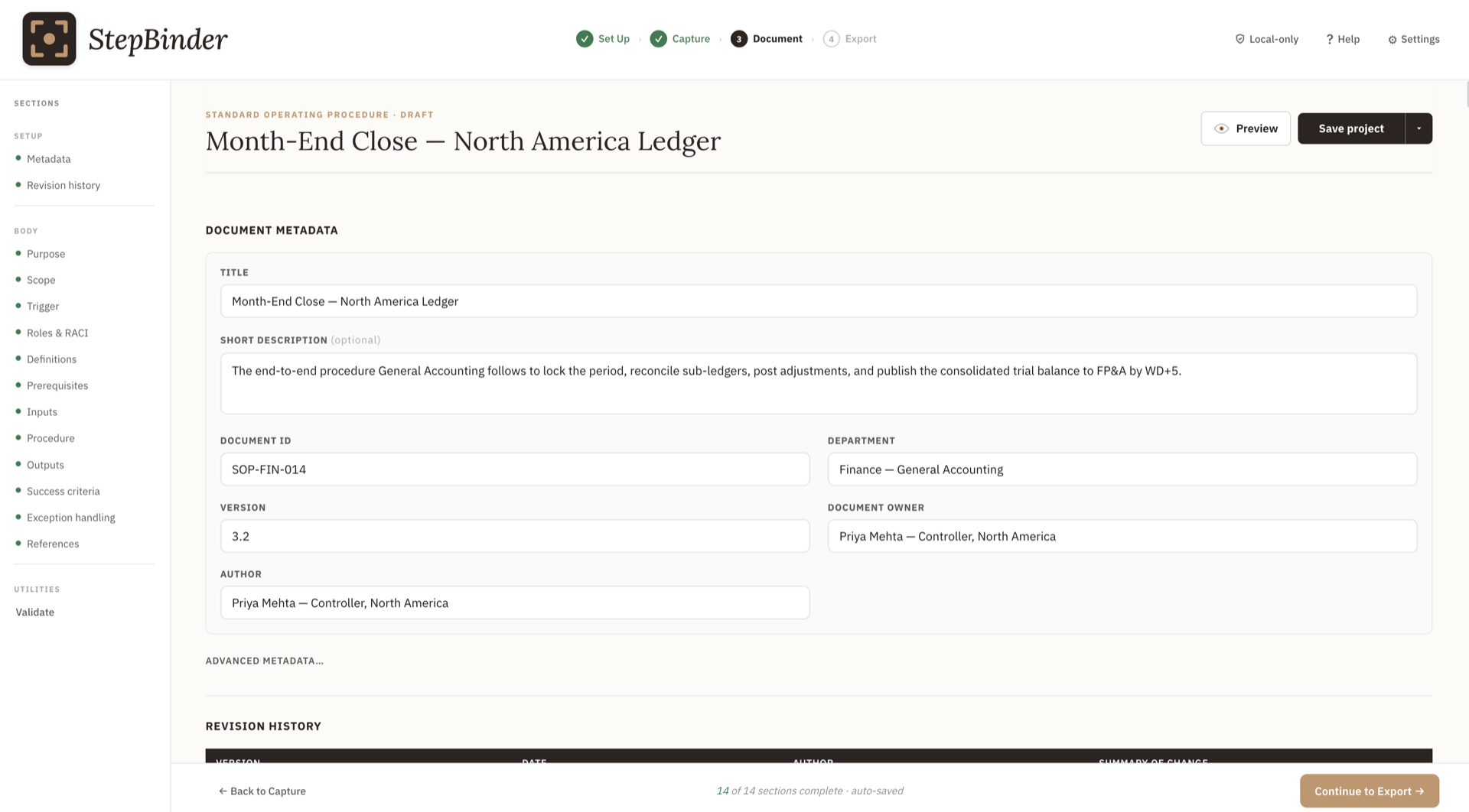 Compose form with document metadata and procedure fields