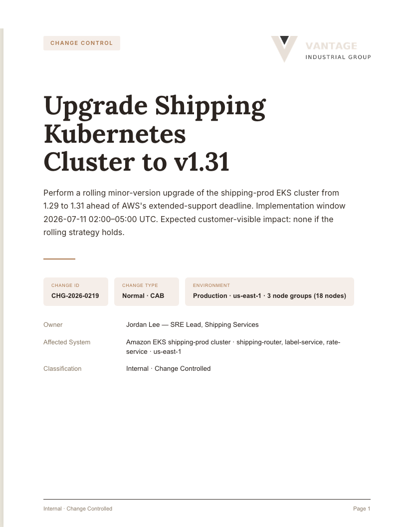 Change control cover — Upgrade Shipping Kubernetes Cluster to v1.31