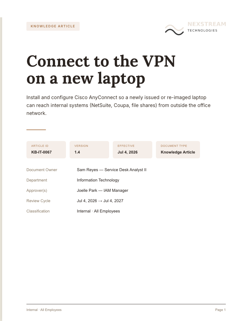 Knowledge article cover — Connect to the VPN on a new laptop
