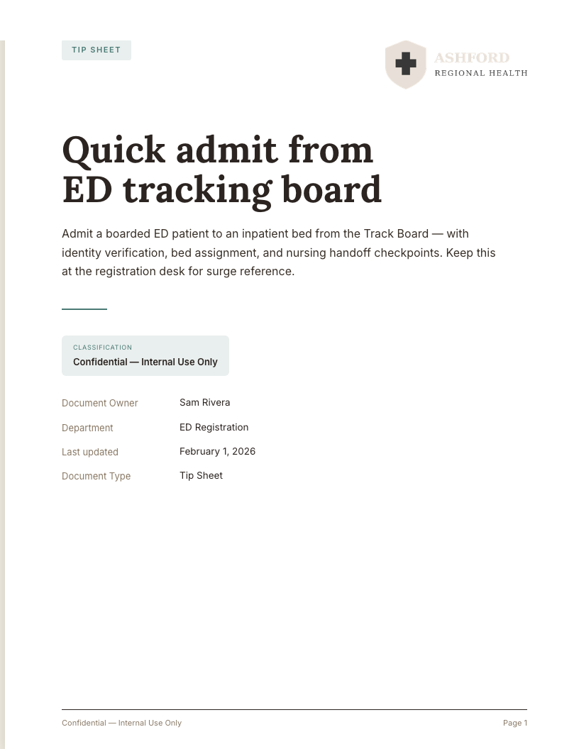 Tip sheet cover — Quick admit from ED tracking board